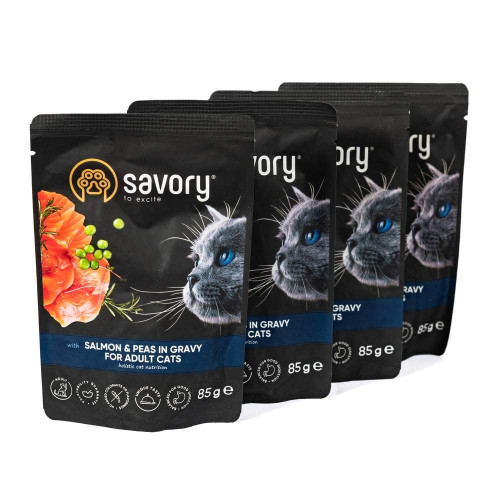 Набір корму для котів Savory Adult pouch 3+1 шт х 85 г - лосось та горошок
