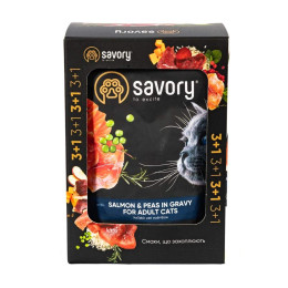 Набір корму для котів Savory Adult pouch 3+1 шт х 85 г - лосось та горошок