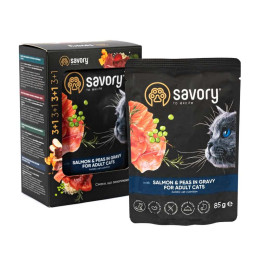 Набір корму для котів Savory Adult pouch 3+1 шт х 85 г - лосось та горошок