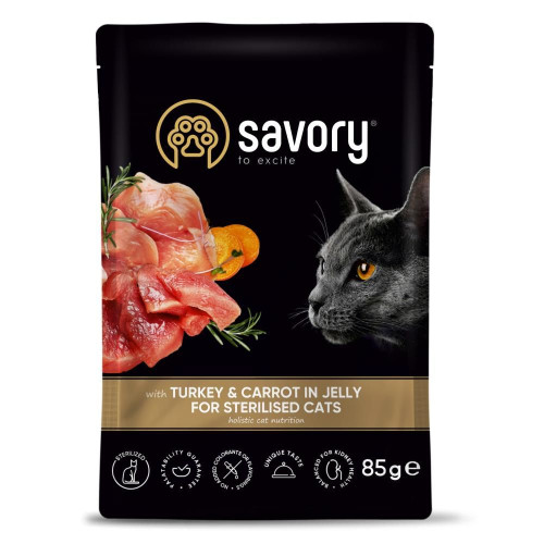 Набір корму для котів Savory Sterilised pouch 3+1 шт х 85 г - індичка та морква