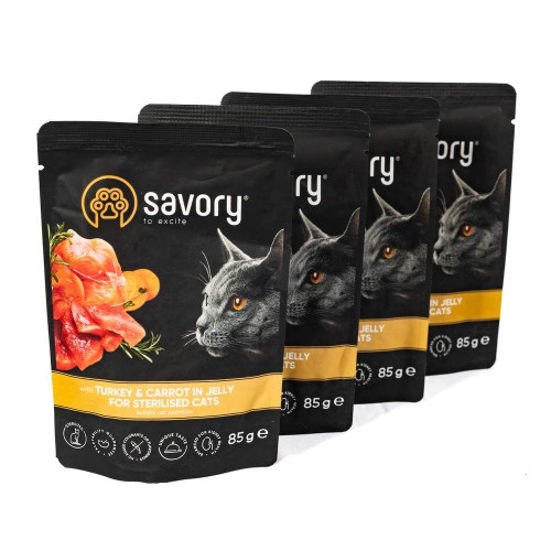 Набір корму для котів Savory Sterilised pouch 3+1 шт х 85 г - індичка та морква