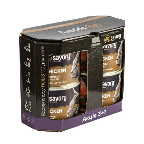 Набір вологого корму для котів Savory Adult Sterilised 4 шт / 200 г - курка