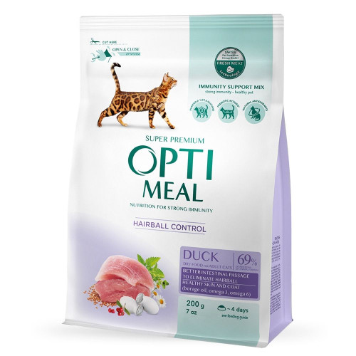 Сухий корм для котів Optimeal Hairball Control Adult 200 г - качка