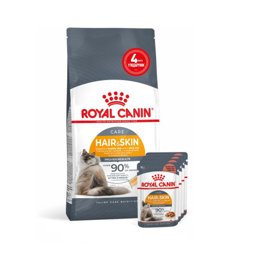 Набір корму для котів Royal Canin hair and skin care 2 кг + 4 pouch - домашня птиця