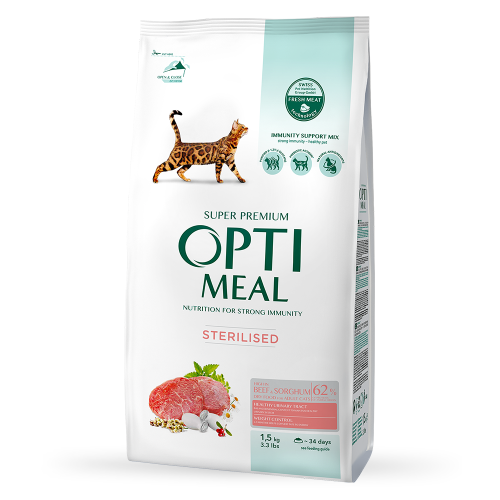 Сухий корм для стерилізованих котів Optimeal Adult Cat Sterilised Beef Sorghum 1,5 кг (яловичина та сорго)