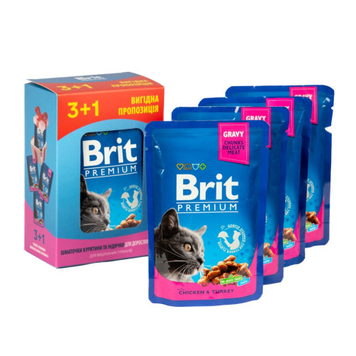 Вологий корм для котів Brit Premium pouch 4 x 100 г - курка та індичка