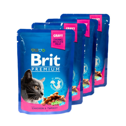 Вологий корм для котів Brit Premium pouch 4 x 100 г - курка та індичка