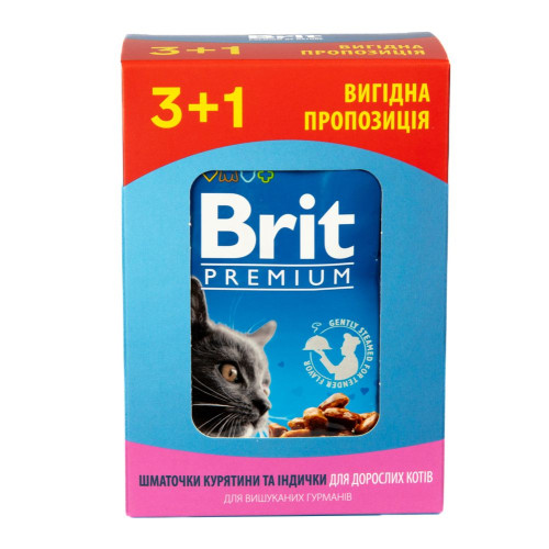 Вологий корм для котів Brit Premium pouch 4 x 100 г - курка та індичка