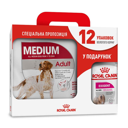Акційний набір для собак Royal Canin Medium Adult 4 кг + Royal Canin Exigent loaf wet 12 шт х 85 г - домашня птиця