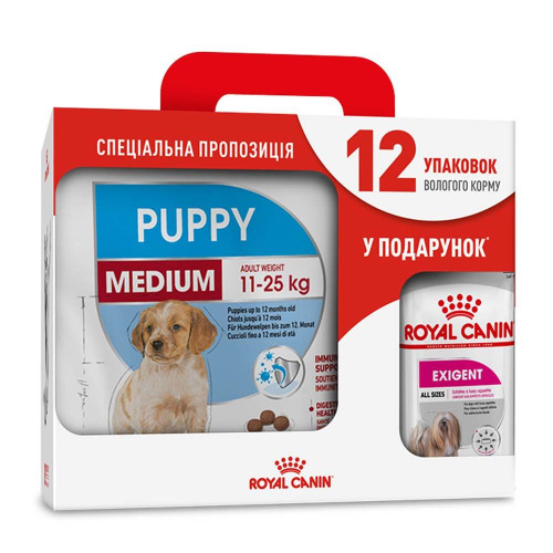 Акційний набір для собак Royal Canin Medium Puppy 4 кг + Royal Canin Exigent loaf wet 12 шт х 85 г - домашня птиця