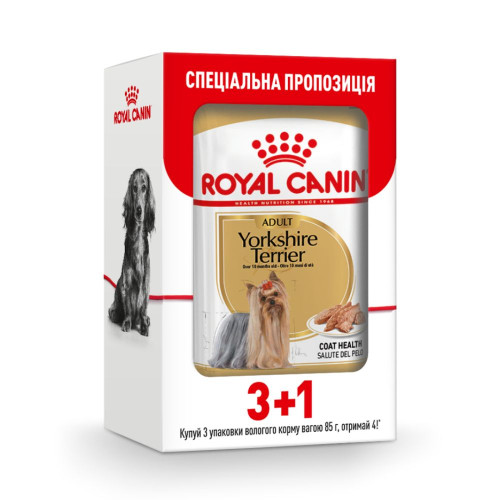 Вологий корм для дорослих собак породи йоркширський тер'єр Royal Canin Yorkshire Terrier Adult pouch 85 г, 3+1 шт у подарунок - домашня птиця