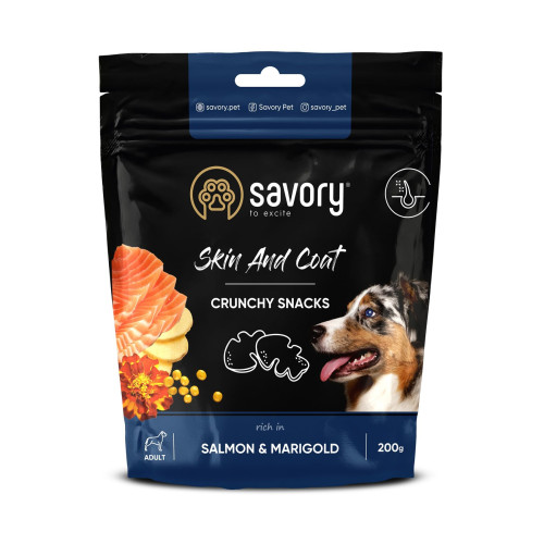 Хрумкі ласощі для собак Savory для здоров'я шкіри та шерсті 200 г (лосось з чорнобривцями)