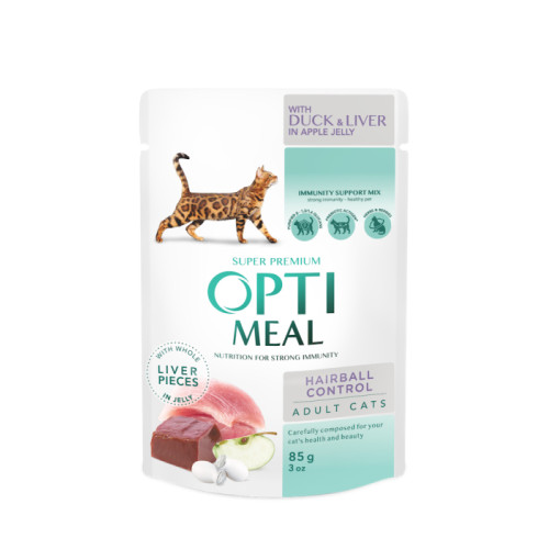 Вологий корм для котів Optimeal Hairball Control Duck & Liver з качкою та шматочками печінки в яблучному желе з ефектом виведення шерсті для дорослих котів 12 шт х 85г